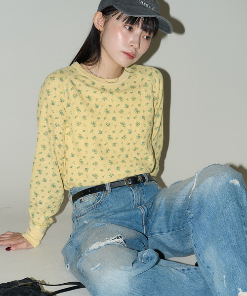 JEMORGAN(ジェーイーモーガン)の「JEMORGAN/ジェーイーモーガン ワッフル オーバーダイ 花柄 ロンT 限定展開(Tシャツ/カットソー・レディース・グレー/イエロー/ブルー・フリ-)」の5枚目の写真