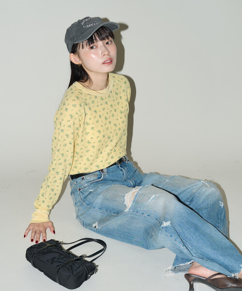 JEMORGAN(ジェーイーモーガン)の「JEMORGAN/ジェーイーモーガン ワッフル オーバーダイ 花柄 ロンT 限定展開(Tシャツ/カットソー・レディース・グレー/イエロー/ブルー・フリ-)」の6枚目の写真