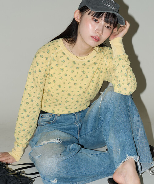 JEMORGAN(ジェーイーモーガン)の「JEMORGAN/ジェーイーモーガン ワッフル オーバーダイ 花柄 ロンT 限定展開(Tシャツ/カットソー・レディース・グレー/イエロー/ブルー・フリ-)」の9枚目の写真