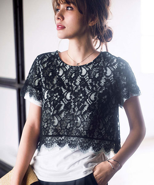 GeeRA(ジーラ)の「レースレイヤード風カットソー(Tシャツ/カットソー・レディース・ブラック系その他/ブラック×ホワイト/ブラック×グレー・MEDIUM/LARGE/SMALL/X-LARGE)」の3枚目の写真