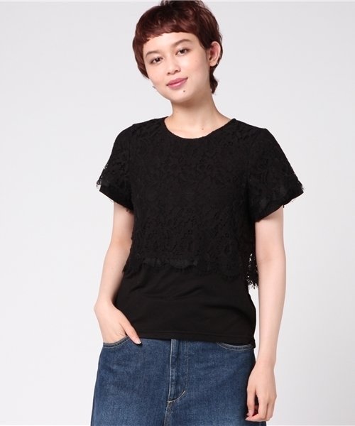 GeeRA(ジーラ)の「レースレイヤード風カットソー(Tシャツ/カットソー・レディース・ブラック系その他/ブラック×ホワイト/ブラック×グレー・MEDIUM/LARGE/SMALL/X-LARGE)」の1枚目の写真