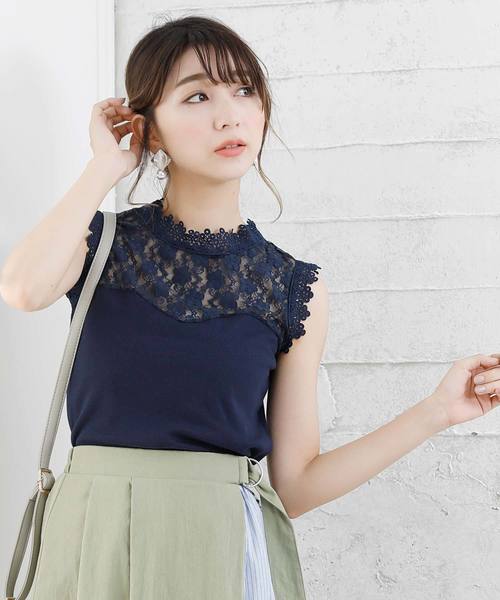 Girly Doll（ガーリードール）の「プチハイネックレースノースリーブ（シャツ/ブラウス・レディース・ホワイト/ブラック/ネイビー/イエロー/ピンクベージュ/パープル/ブルー・M/L/FREE）」の4枚目の写真