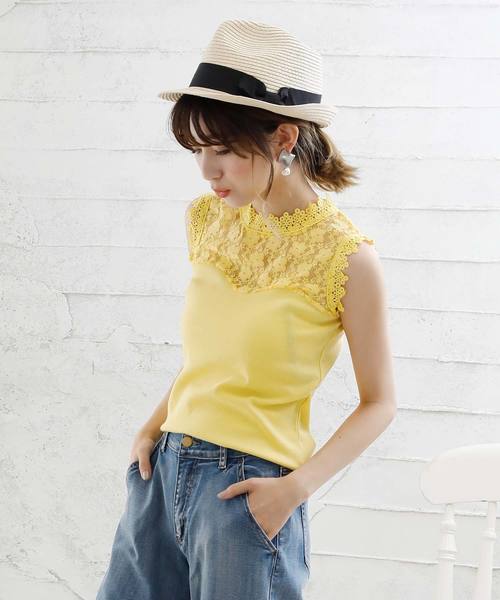 Girly Doll（ガーリードール）の「プチハイネックレースノースリーブ（シャツ/ブラウス・レディース・ホワイト/ブラック/ネイビー/イエロー/ピンクベージュ/パープル/ブルー・M/L/FREE）」の6枚目の写真