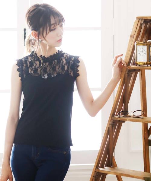 Girly Doll（ガーリードール）の「プチハイネックレースノースリーブ（シャツ/ブラウス・レディース・ホワイト/ブラック/ネイビー/イエロー/ピンクベージュ/パープル/ブルー・M/L/FREE）」の3枚目の写真