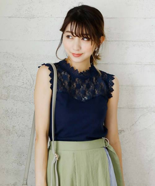 Girly Doll（ガーリードール）の「プチハイネックレースノースリーブ（シャツ/ブラウス・レディース・ホワイト/ブラック/ネイビー/イエロー/ピンクベージュ/パープル/ブルー・M/L/FREE）」の14枚目の写真