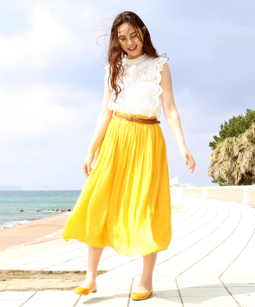 CHARM BERRY TIC（チャームベリーチック）の「ベルト付きスラブスカート（スカート・レディース・ライトグレー/ブラック/ネイビー/オフホワイト/カーキ/ピンク/イエロー/オレンジ/ブルー/ブルーグリーン/スモークピンク/キナリ・M/L）」の15枚目の写真