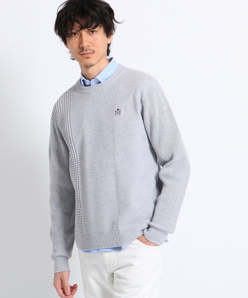 TAKEO KIKUCHI(タケオキクチ)の「【Sサイズ〜】クラシックワンポイント コットンカシミヤ パッチワークニット(ニット/セーター)」|ライトグレー