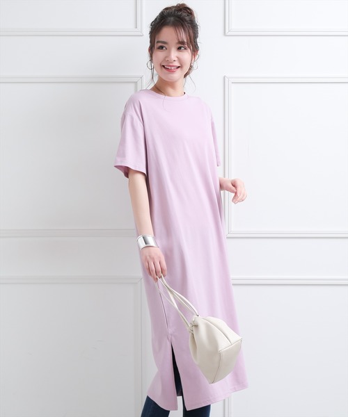 clear(クリア)の「【WEB限定】カットソースリットワンピース/半袖/Tシャツワンピース/ロング丈(ワンピース)」|ピンク