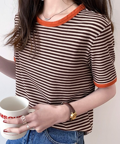 JUNOAH（ジュノア）の「配色ラインボーダーリブカットソー（Tシャツ/カットソー・レディース・ブラック/ネイビー/グリーン/ブラウン/グレー/ワイン/ピンク・MEDIUM/LARGE/X-LARGE）」の4枚目の写真