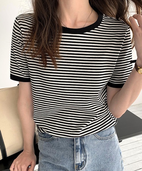 JUNOAH（ジュノア）の「配色ラインボーダーリブカットソー（Tシャツ/カットソー・レディース・ブラック/ネイビー/グリーン/ブラウン/グレー/ワイン/ピンク・MEDIUM/LARGE/X-LARGE）」の10枚目の写真