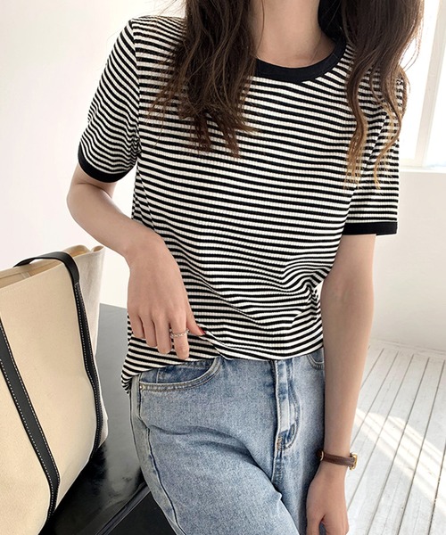 JUNOAH（ジュノア）の「配色ラインボーダーリブカットソー（Tシャツ/カットソー・レディース・ブラック/ネイビー/グリーン/ブラウン/グレー/ワイン/ピンク・MEDIUM/LARGE/X-LARGE）」の9枚目の写真