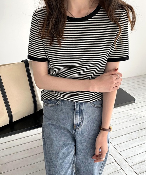 JUNOAH（ジュノア）の「配色ラインボーダーリブカットソー（Tシャツ/カットソー・レディース・ブラック/ネイビー/グリーン/ブラウン/グレー/ワイン/ピンク・MEDIUM/LARGE/X-LARGE）」の12枚目の写真