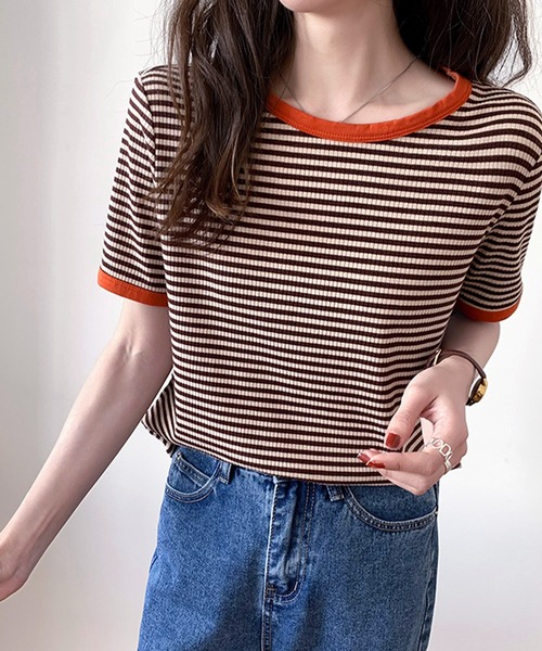 JUNOAH（ジュノア）の「配色ラインボーダーリブカットソー（Tシャツ/カットソー・レディース・ブラック/ネイビー/グリーン/ブラウン/グレー/ワイン/ピンク・MEDIUM/LARGE/X-LARGE）」の11枚目の写真