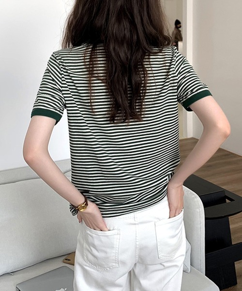 JUNOAH（ジュノア）の「配色ラインボーダーリブカットソー（Tシャツ/カットソー・レディース・ブラック/ネイビー/グリーン/ブラウン/グレー/ワイン/ピンク・MEDIUM/LARGE/X-LARGE）」の8枚目の写真