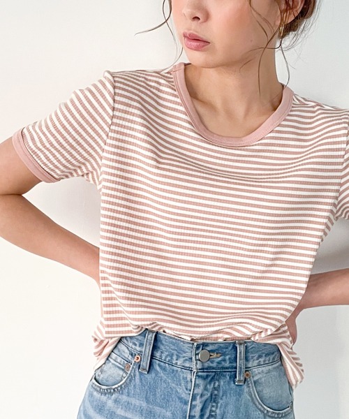 JUNOAH（ジュノア）の「配色ラインボーダーリブカットソー（Tシャツ/カットソー・レディース・ブラック/ネイビー/グリーン/ブラウン/グレー/ワイン/ピンク・MEDIUM/LARGE/X-LARGE）」の15枚目の写真