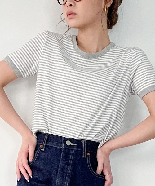 JUNOAH（ジュノア）の「配色ラインボーダーリブカットソー（Tシャツ/カットソー・レディース・ブラック/ネイビー/グリーン/ブラウン/グレー/ワイン/ピンク・MEDIUM/LARGE/X-LARGE）」の17枚目の写真