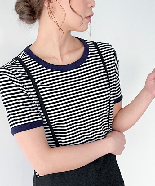 JUNOAH（ジュノア）の「配色ラインボーダーリブカットソー（Tシャツ/カットソー・レディース・ブラック/ネイビー/グリーン/ブラウン/グレー/ワイン/ピンク・MEDIUM/LARGE/X-LARGE）」の16枚目の写真