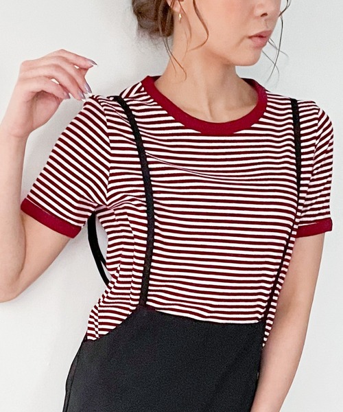 JUNOAH（ジュノア）の「配色ラインボーダーリブカットソー（Tシャツ/カットソー・レディース・ブラック/ネイビー/グリーン/ブラウン/グレー/ワイン/ピンク・MEDIUM/LARGE/X-LARGE）」の18枚目の写真