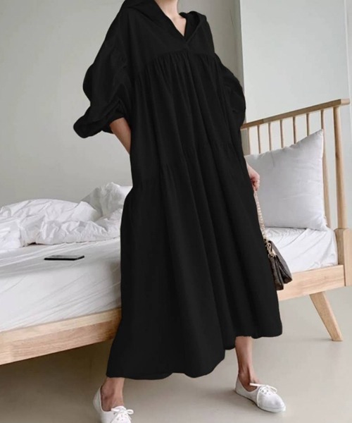 La-gemme（ラジェム）の「フード付きルーズワンピース（ワンピース・レディース・ライトグレー/ブラック/ネイビー/ブラウン/カーキ・フリー）」の9枚目の写真