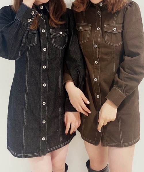 one after another NICE CLAUP（ワンアフターアナザーナイスクラップ）の「これさえあればコーディネートが決まる。デニムミニワンピース（ワンピース・レディース・ブラック/ブラウン/ネイビー・FREE）」の9枚目の写真