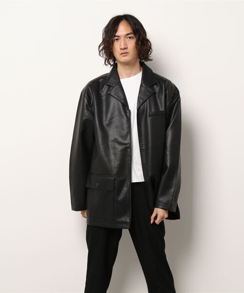 CORISCO(コリスコ)の「フェイクレザージップテーラードジャケット(M1)(テーラードジャケット・メンズ・ブラック/アイボリー・MEDIUM/LARGE)」の2枚目の写真