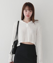 カジュアル リブ クロップ フードTシャツ