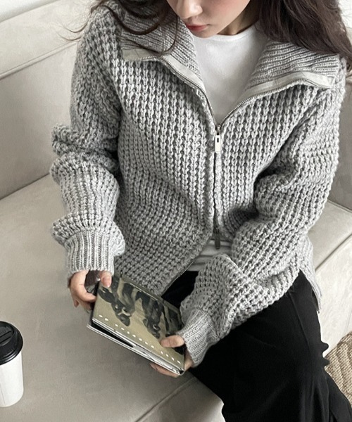 MANGROVE（マングローブ）の「ワッフル編みジップアップニットブルゾン（ニット/セーター・レディース・グレー/キャメル/グレイッシュベージュ・FREE）」の15枚目の写真