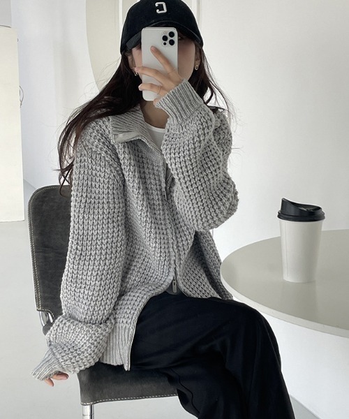 MANGROVE（マングローブ）の「ワッフル編みジップアップニットブルゾン（ニット/セーター・レディース・グレー/キャメル/グレイッシュベージュ・FREE）」の14枚目の写真