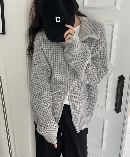 MANGROVE（マングローブ）の「ワッフル編みジップアップニットブルゾン（ニット/セーター・レディース・グレー/キャメル/グレイッシュベージュ・FREE）」の13枚目の写真