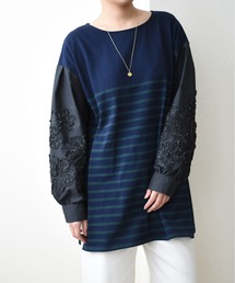フラワーエンブロスリーブボーダーTOPS