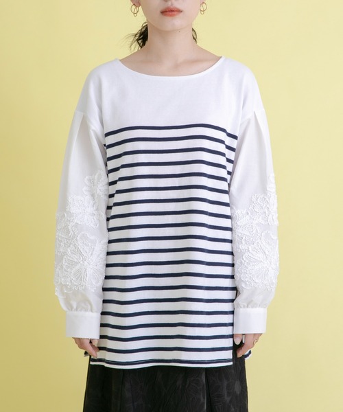 Eimee Law(エイミーロウ)の「フラワーエンブロスリーブボーダーTOPS(Tシャツ/カットソー・レディース・オフホワイト/ブラック/ネイビー・38)」の14枚目の写真
