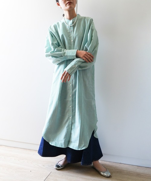 VENCEEXCHANGE（ヴァンスエクスチェンジ）の「ストライプボリューム袖シャツワンピース（シャツワンピース・レディース・ブラック/ベージュ/グリーン/ブルー・FREE）」の4枚目の写真