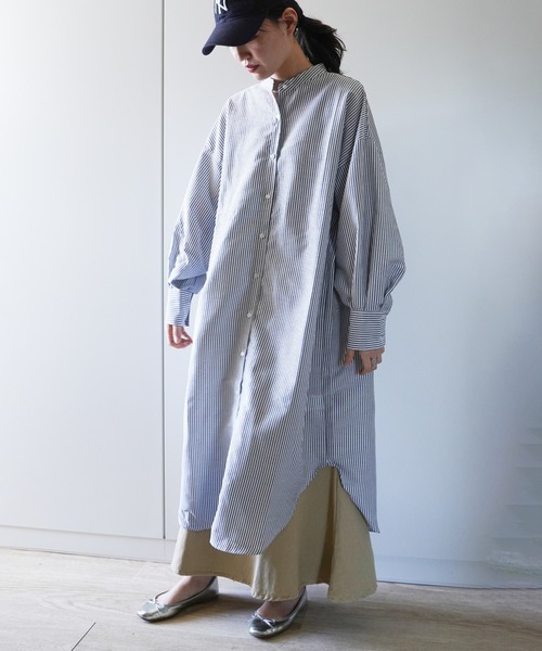 VENCEEXCHANGE（ヴァンスエクスチェンジ）の「ストライプボリューム袖シャツワンピース（シャツワンピース・レディース・ブラック/ベージュ/グリーン/ブルー・FREE）」の2枚目の写真