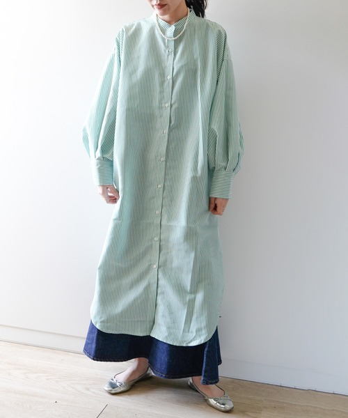 VENCEEXCHANGE（ヴァンスエクスチェンジ）の「ストライプボリューム袖シャツワンピース（シャツワンピース・レディース・ブラック/ベージュ/グリーン/ブルー・FREE）」の17枚目の写真