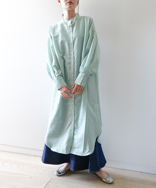 VENCEEXCHANGE（ヴァンスエクスチェンジ）の「ストライプボリューム袖シャツワンピース（シャツワンピース・レディース・ブラック/ベージュ/グリーン/ブルー・FREE）」の18枚目の写真