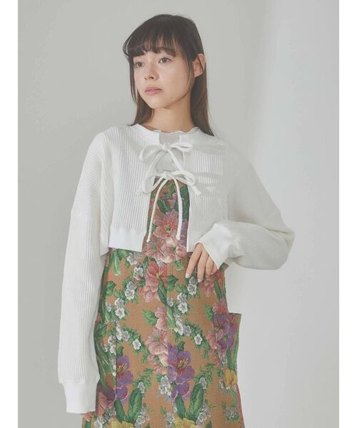 merry jenny（メリージェニー）の「ショートワッフルリボンカーディガン（Tシャツ/カットソー・レディース・オフホワイト/アイボリー/ブラック・FREE）」の2枚目の写真