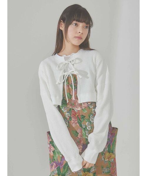 merry jenny（メリージェニー）の「ショートワッフルリボンカーディガン（Tシャツ/カットソー・レディース・オフホワイト/アイボリー/ブラック・FREE）」の6枚目の写真