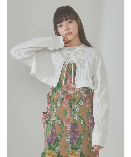 merry jenny（メリージェニー）の「ショートワッフルリボンカーディガン（Tシャツ/カットソー・レディース・オフホワイト/アイボリー/ブラック・FREE）」の7枚目の写真