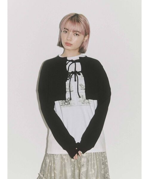 merry jenny（メリージェニー）の「ショートワッフルリボンカーディガン（Tシャツ/カットソー・レディース・オフホワイト/アイボリー/ブラック・FREE）」の12枚目の写真