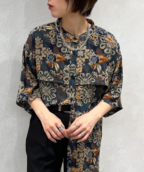 apres jour mignon（アプレジュールミニョン）の「柄バンドカラー半袖シャツ【ZOZOTOWN限定アイテム】（シャツ/ブラウス・レディース・ネイビー/ブルー系その他/グリーン系その他・フリー/X-LARGE）」の4枚目の写真