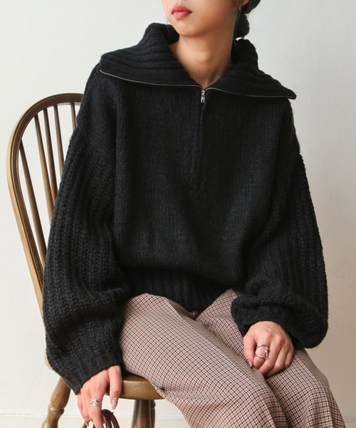 Chillfar（チルファー）の「ハーフジップニットプルオーバー（ニット/セーター・レディース・黄緑系/ブラック/ライトベージュ/ブルー・FREE）」の2枚目の写真