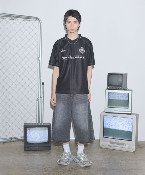 セール】オーバーサイズ襟配色ロゴプリントゲーム半袖Tシャツ