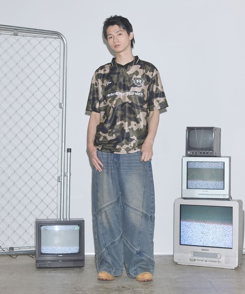 セール】オーバーサイズ襟配色ロゴプリントゲーム半袖Tシャツ