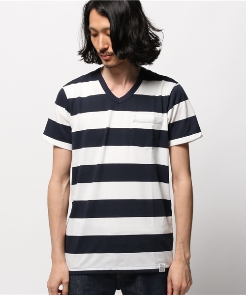 AZUL by moussy(アズールバイマウジー)の「太ボーダーVネック半袖ポケT(Tシャツ/カットソー・メンズ・ホワイト/トップグレー・SMALL/LARGE/X-SMALL/X-LARGE/MEDIUM)」の3枚目の写真