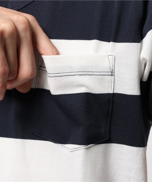 AZUL by moussy(アズールバイマウジー)の「太ボーダーVネック半袖ポケT(Tシャツ/カットソー・メンズ・ホワイト/トップグレー・SMALL/LARGE/X-SMALL/X-LARGE/MEDIUM)」の8枚目の写真