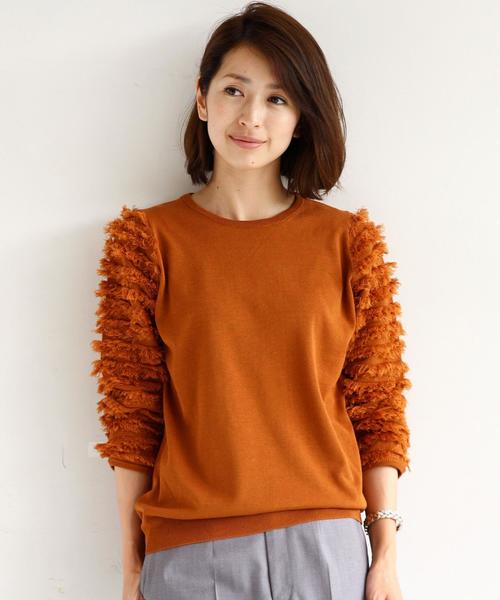 BEAUTY&YOUTH UNITED ARROWS(ビューティーアンドユースユナイテッドアローズ)の「BY ∵袖フリンジ7分丈ニットプルオーバー ◆(ニット/セーター・レディース・オフホワイト/ブラック/ブラウン・FREE)」の1枚目の写真