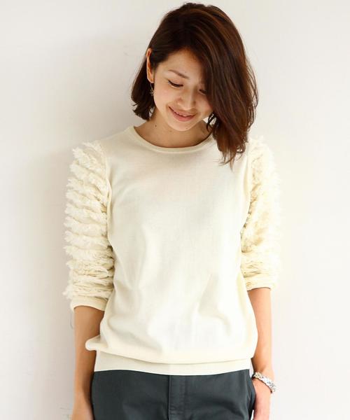 BEAUTY&YOUTH UNITED ARROWS(ビューティーアンドユースユナイテッドアローズ)の「BY ∵袖フリンジ7分丈ニットプルオーバー ◆(ニット/セーター・レディース・オフホワイト/ブラック/ブラウン・FREE)」の2枚目の写真
