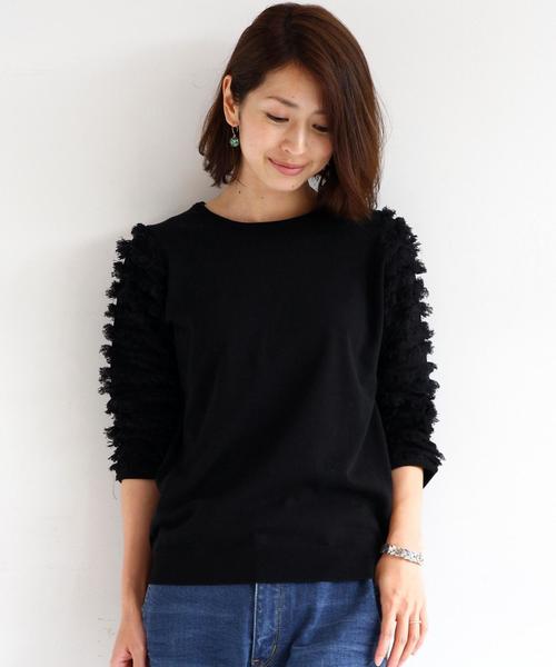 BEAUTY&YOUTH UNITED ARROWS(ビューティーアンドユースユナイテッドアローズ)の「BY ∵袖フリンジ7分丈ニットプルオーバー ◆(ニット/セーター・レディース・オフホワイト/ブラック/ブラウン・FREE)」の3枚目の写真