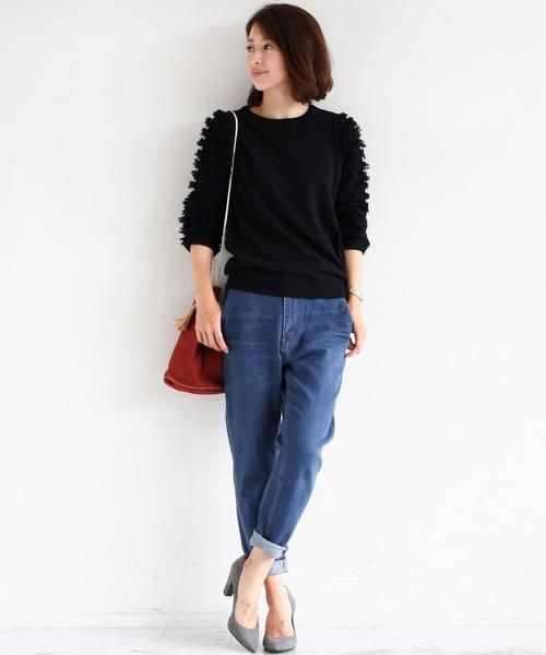 BEAUTY&YOUTH UNITED ARROWS(ビューティーアンドユースユナイテッドアローズ)の「BY ∵袖フリンジ7分丈ニットプルオーバー ◆(ニット/セーター・レディース・オフホワイト/ブラック/ブラウン・FREE)」の5枚目の写真