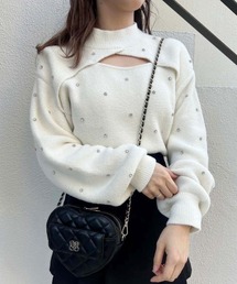キラキラビジュー付きカッティングニット